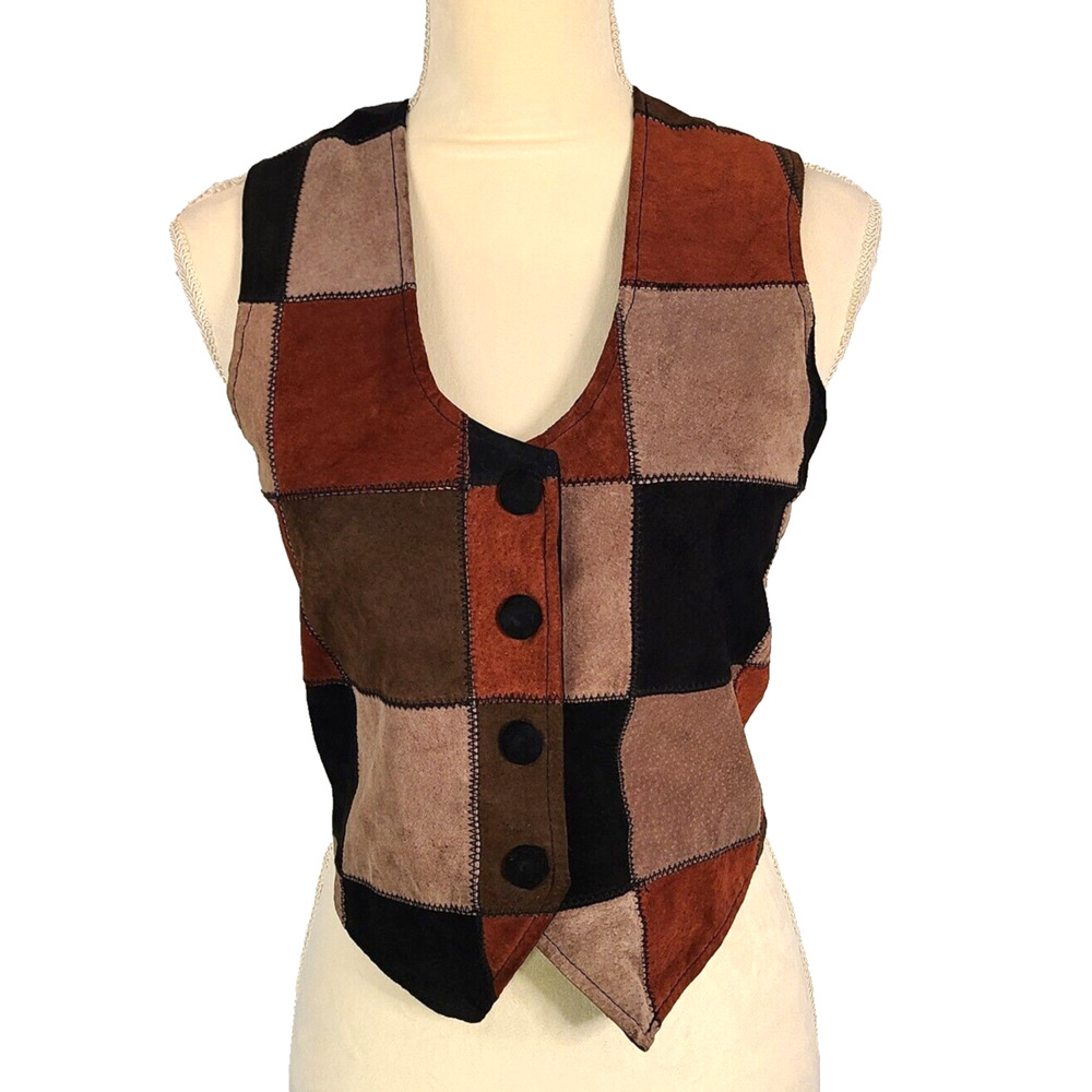Vintage 90's Genuine Leather Patchwork Vest Small Snap Button Beyond Leather EUC